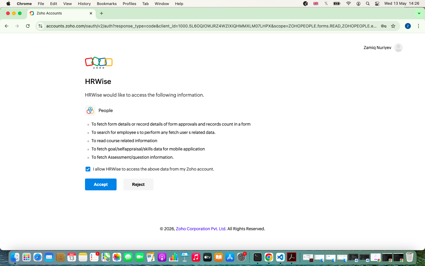 Zoho OAuth consent screen